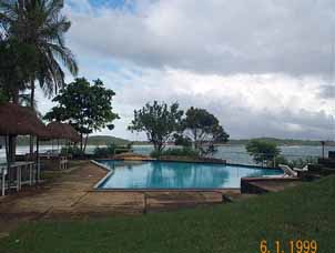 Resort pool overlooking a lagoon in Sri Lanka